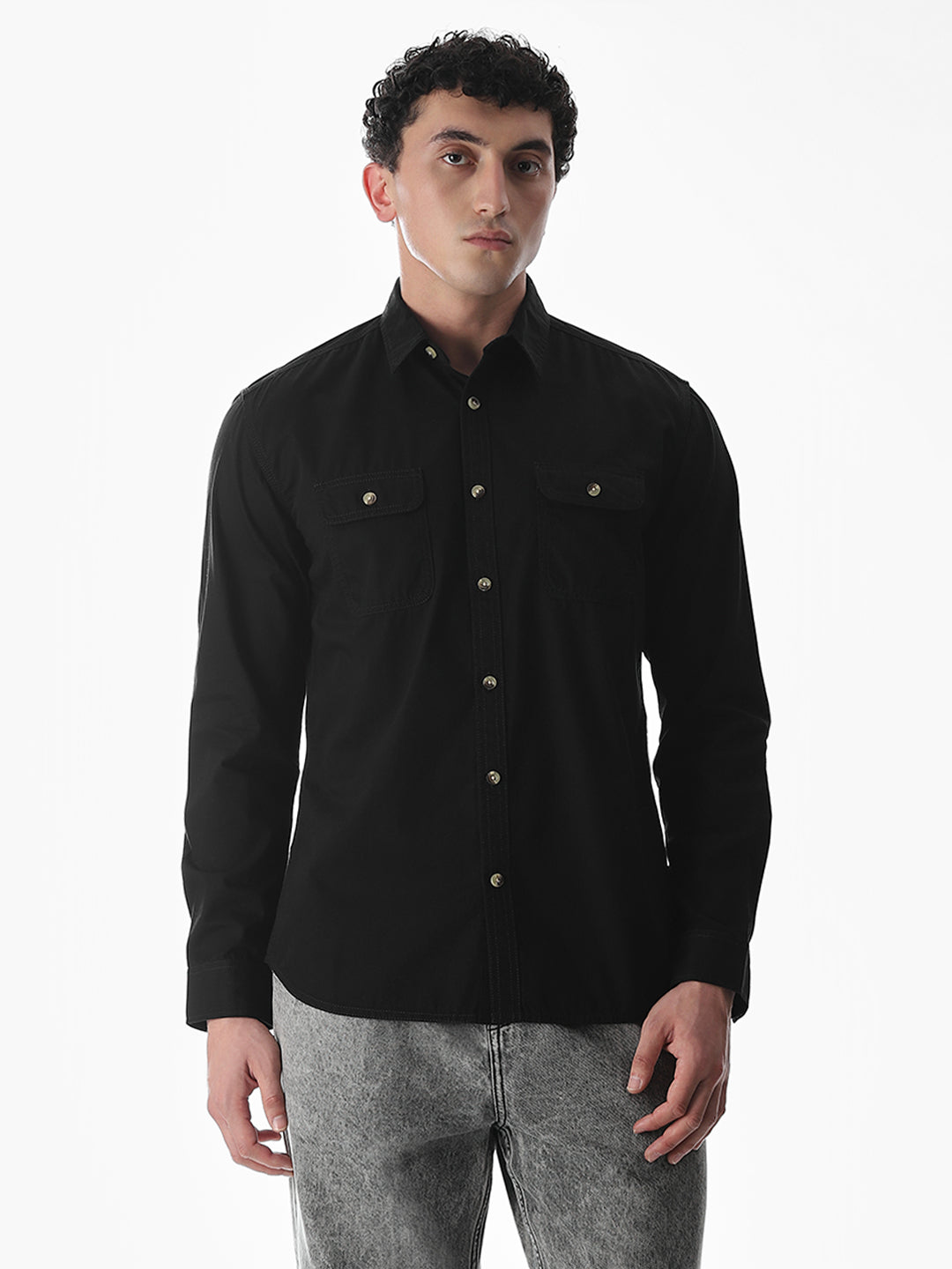 Black Cotton Regular Fit Shirt