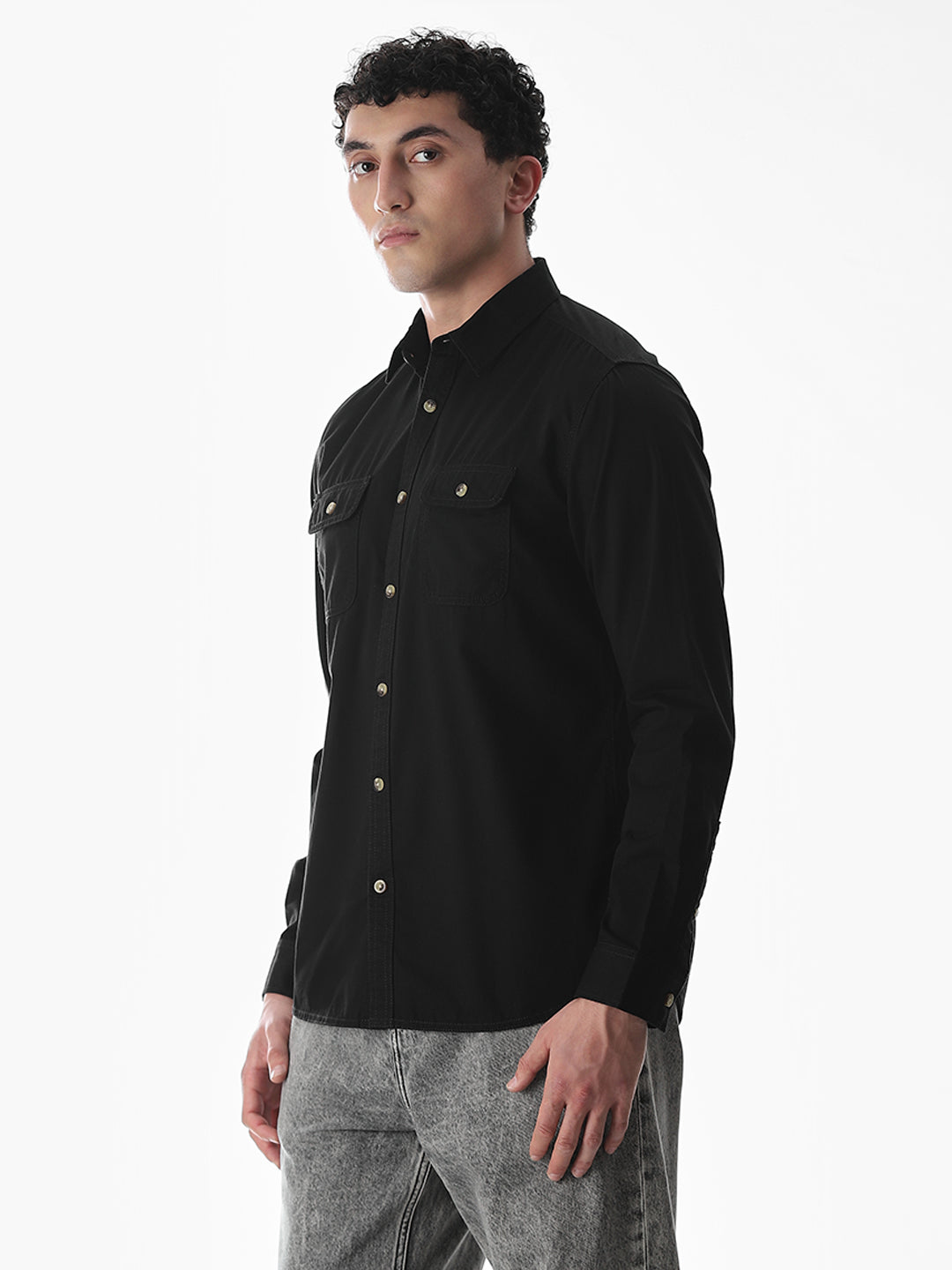 Black Cotton Regular Fit Shirt