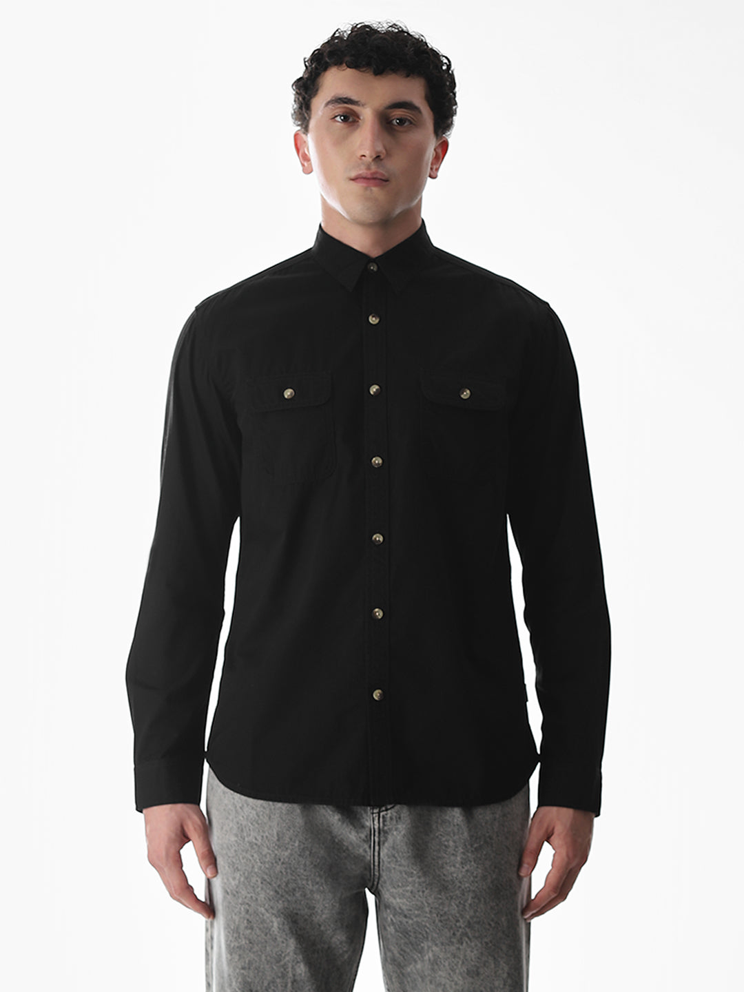 Black Cotton Regular Fit Shirt