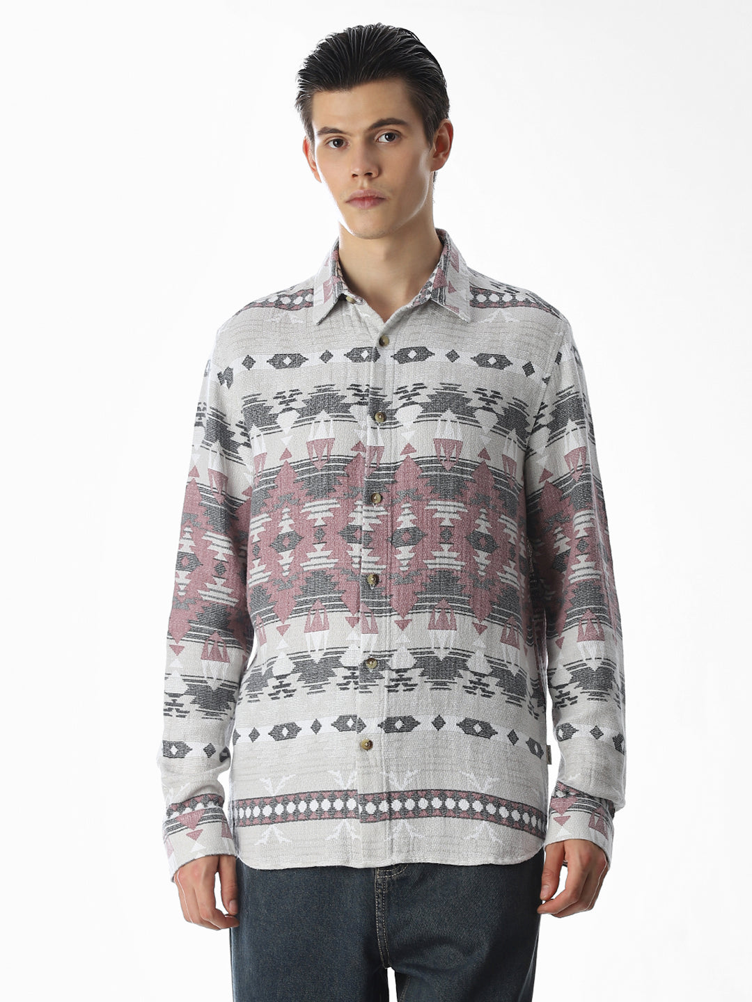 Grey Printed Jacquard Cotton Shirt