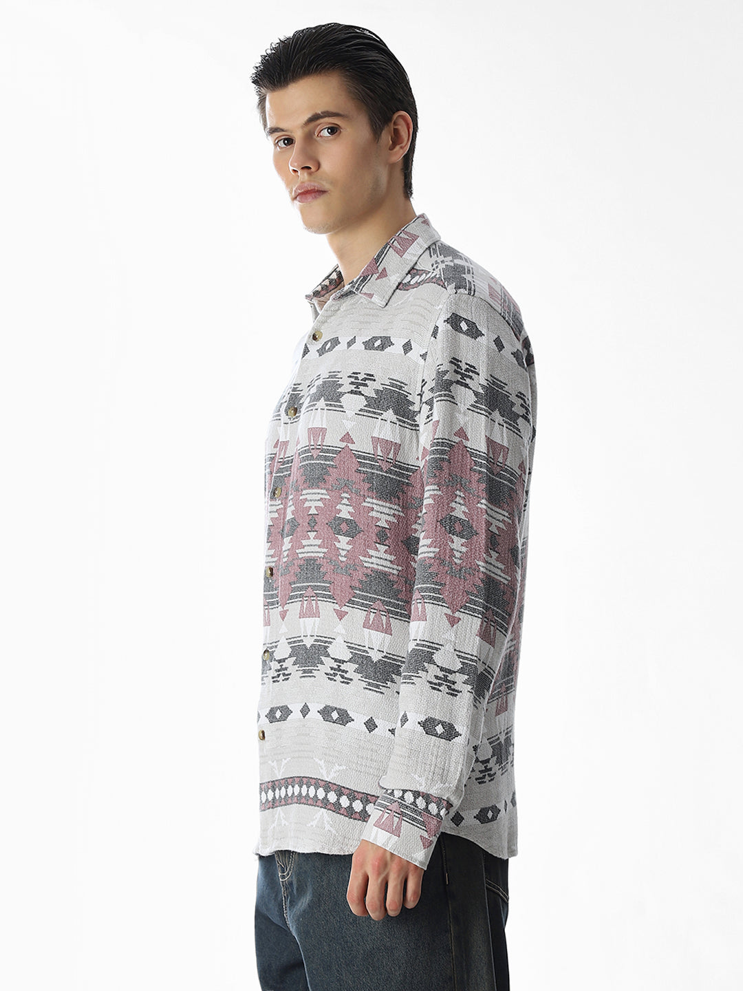 Grey Printed Jacquard Cotton Shirt
