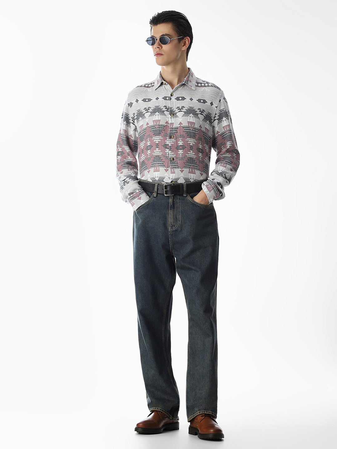 Grey Printed Jacquard Cotton Shirt