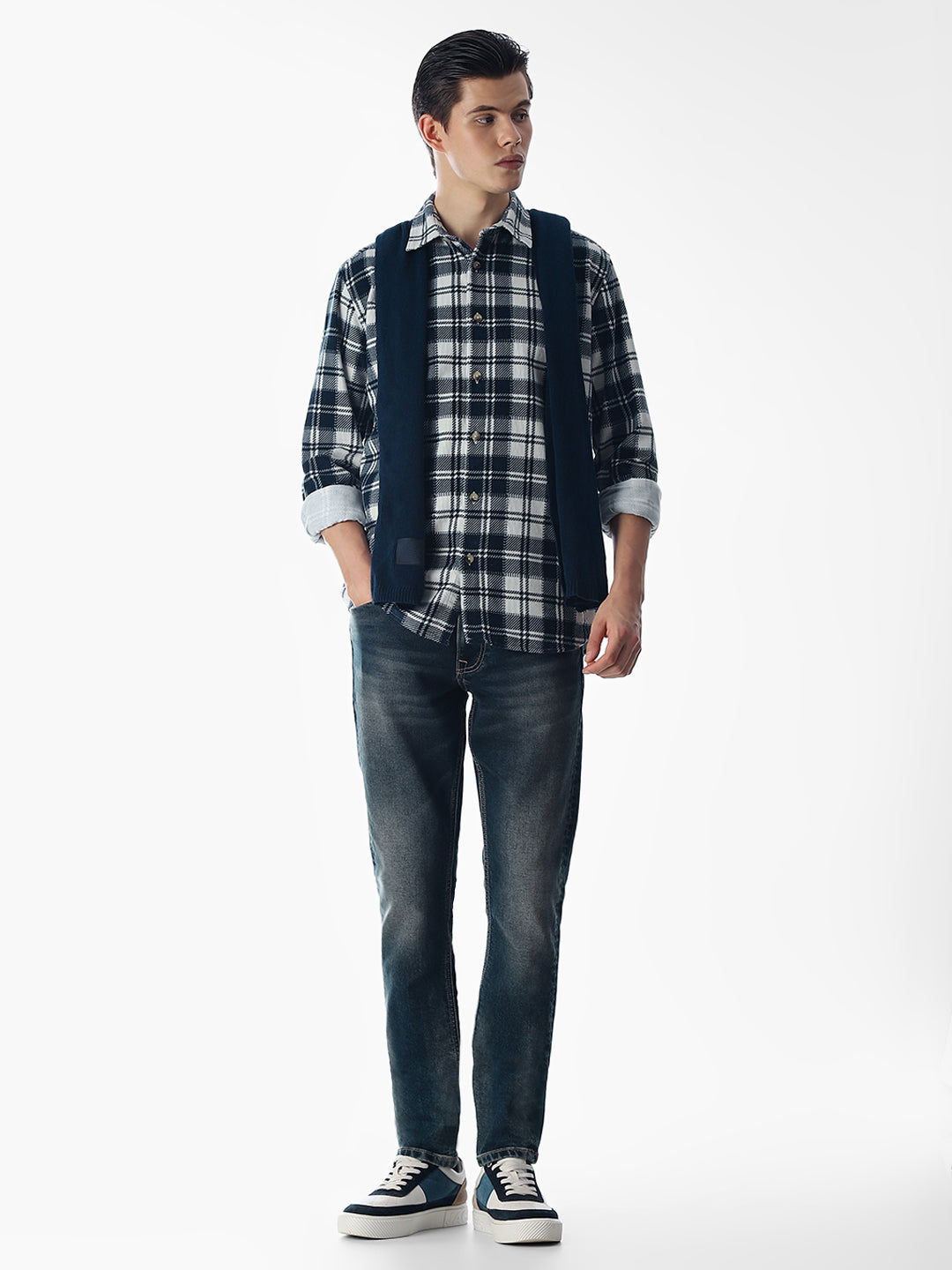 Dark Blue Check Cotton Shirt