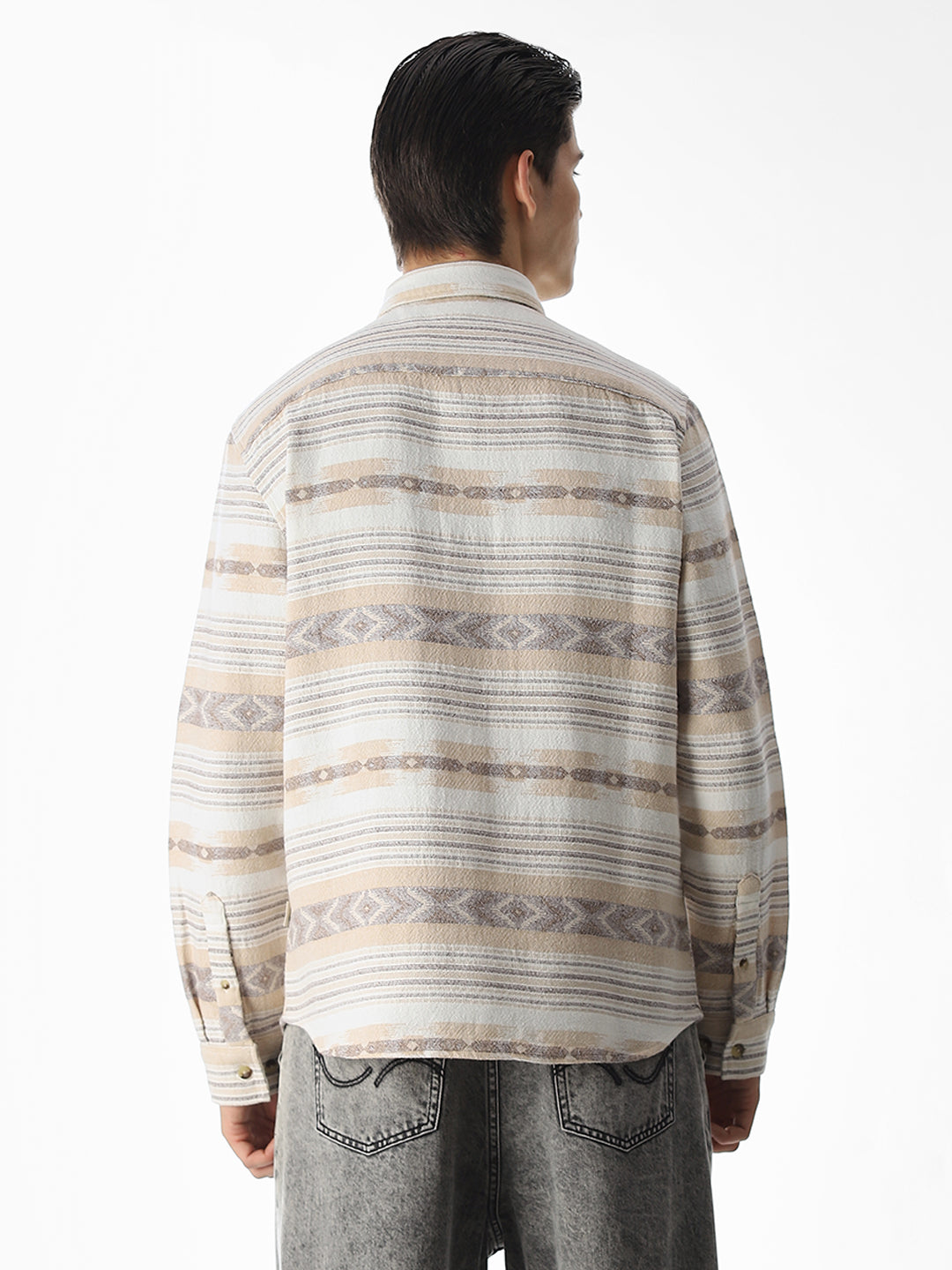 Beige Printed Jacquard Cotton Shirt