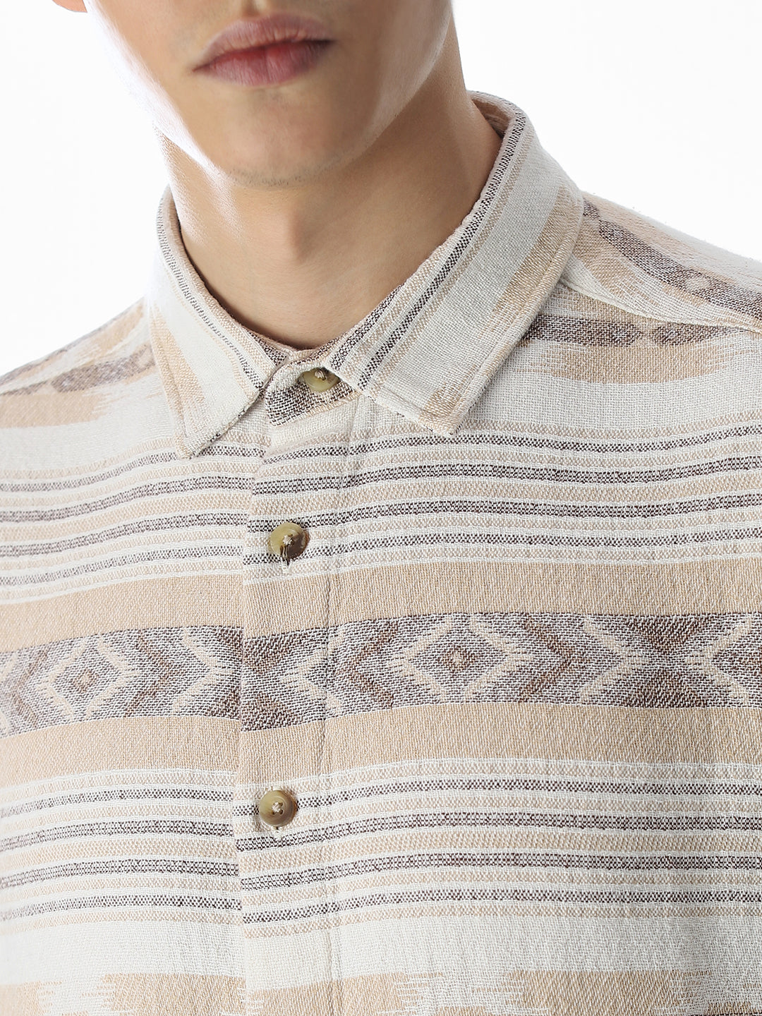 Beige Printed Jacquard Cotton Shirt