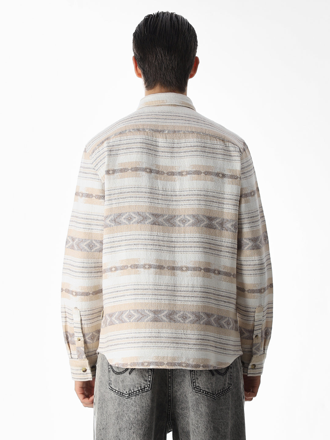 Beige Printed Jacquard Cotton Shirt