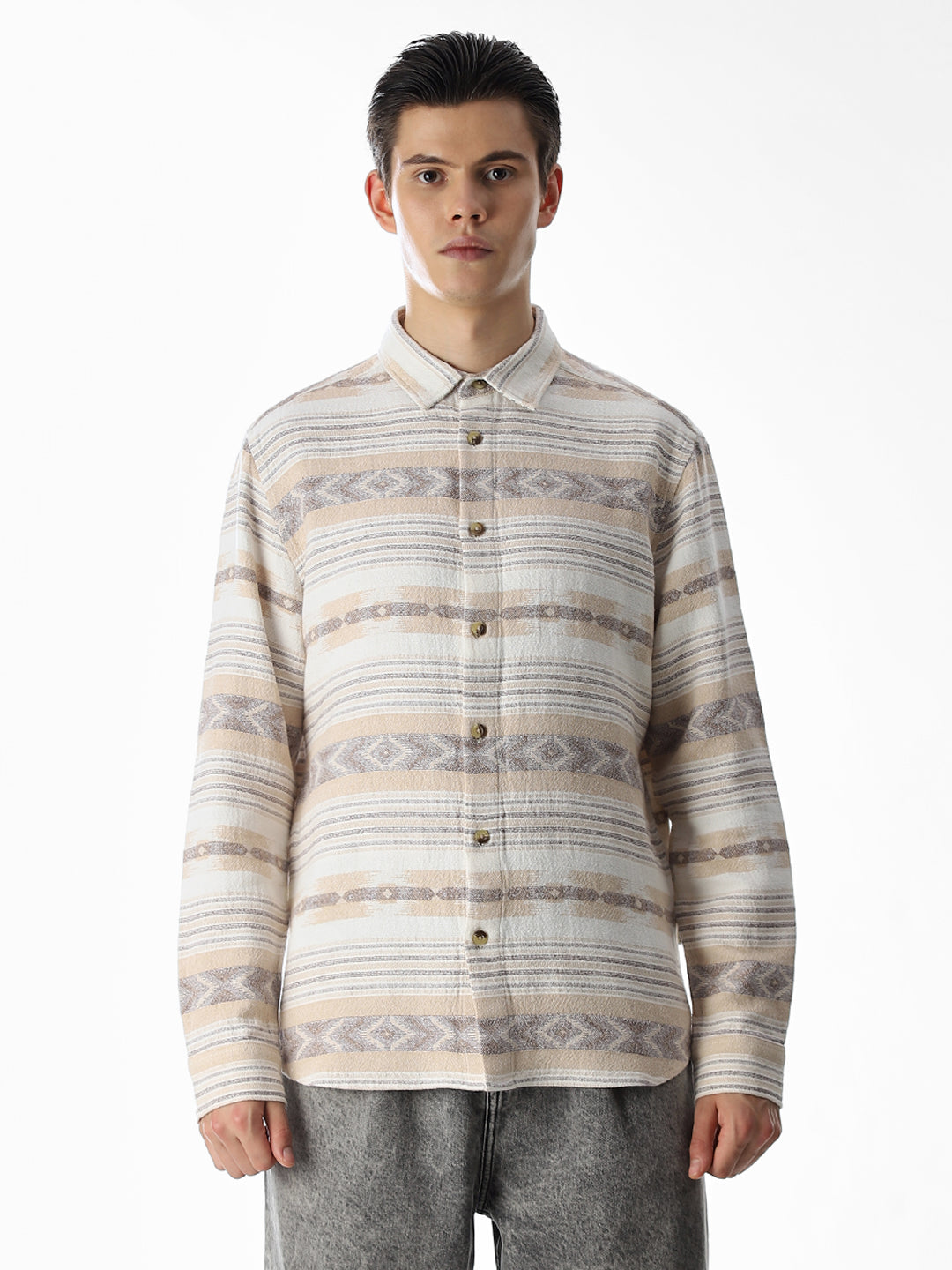 Beige Printed Jacquard Cotton Shirt