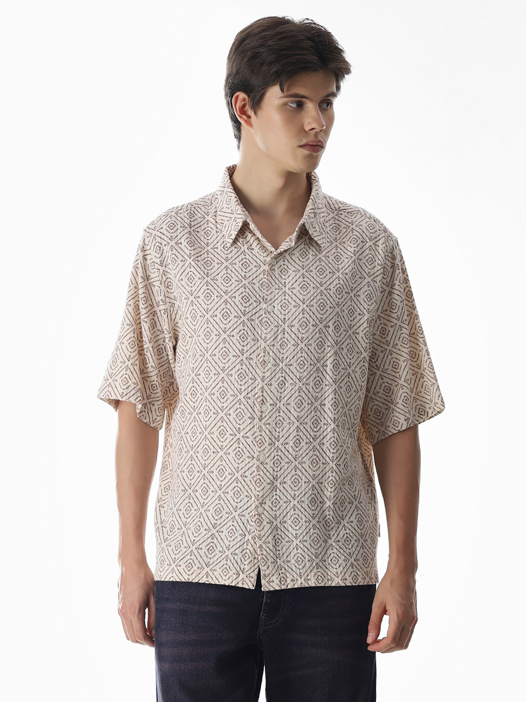 Beige Printed Cotton Oversized Shirt