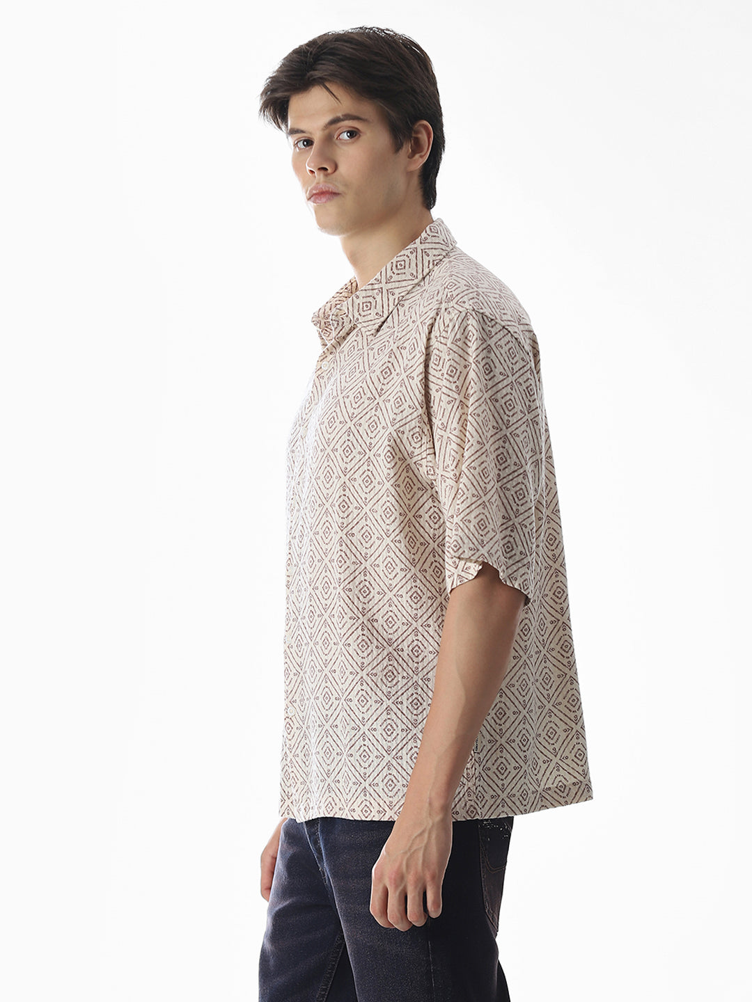 Beige Printed Cotton Oversized Shirt
