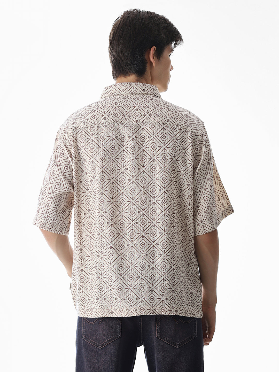 Beige Printed Cotton Oversized Shirt