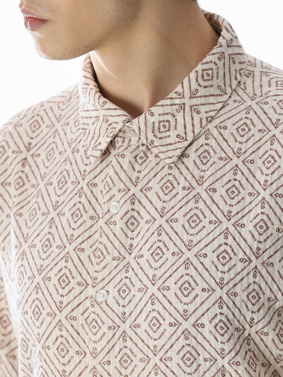 Beige Printed Cotton Oversized Shirt
