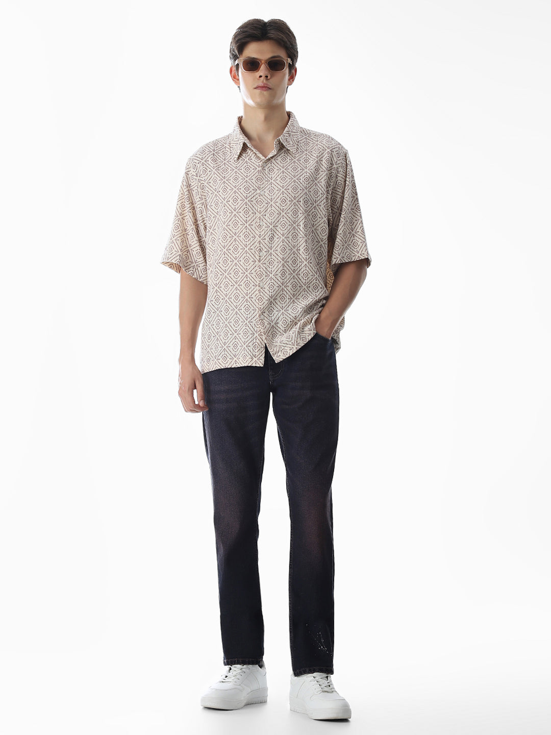 Beige Printed Cotton Oversized Shirt