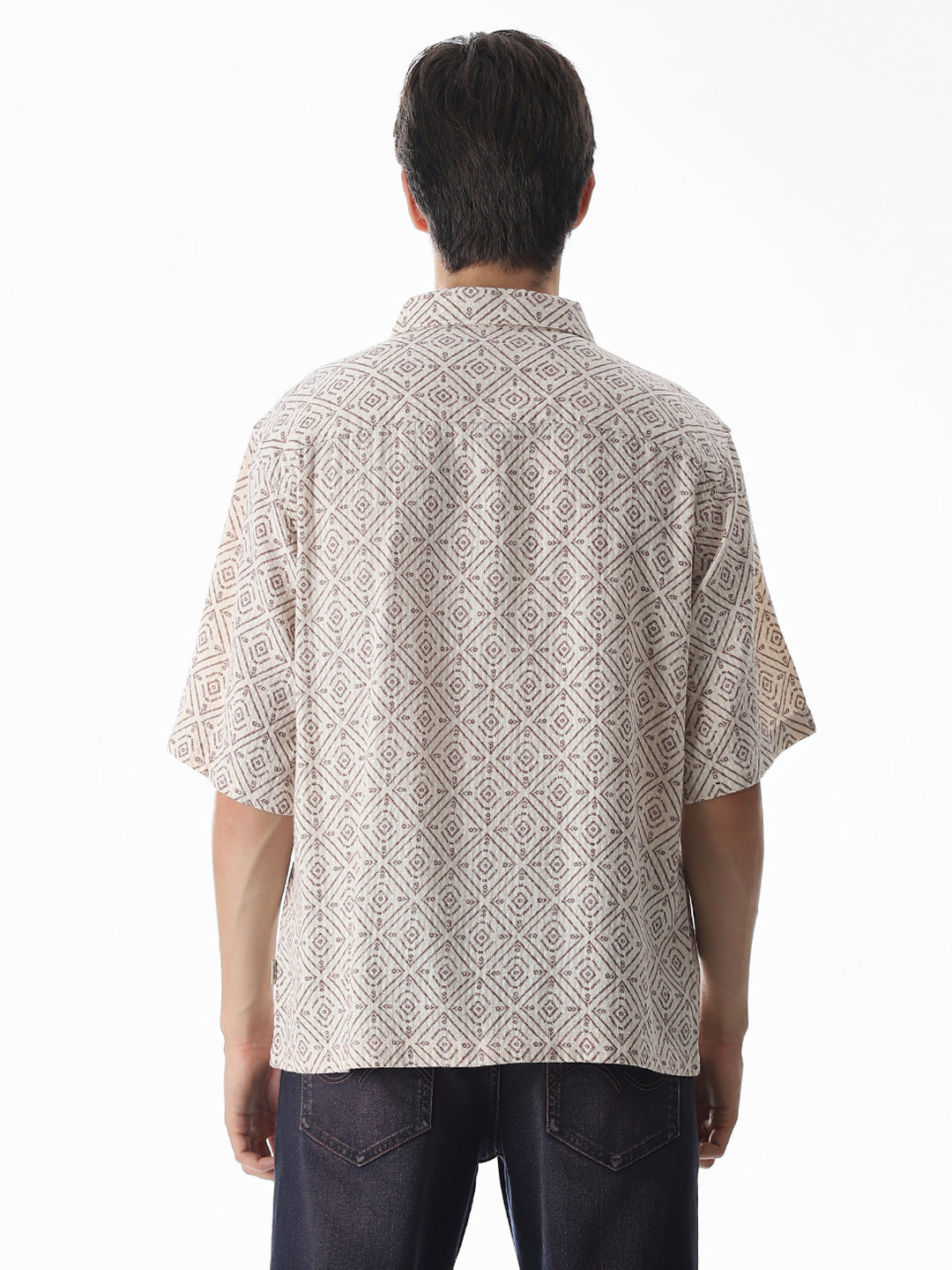 Beige Printed Cotton Oversized Shirt
