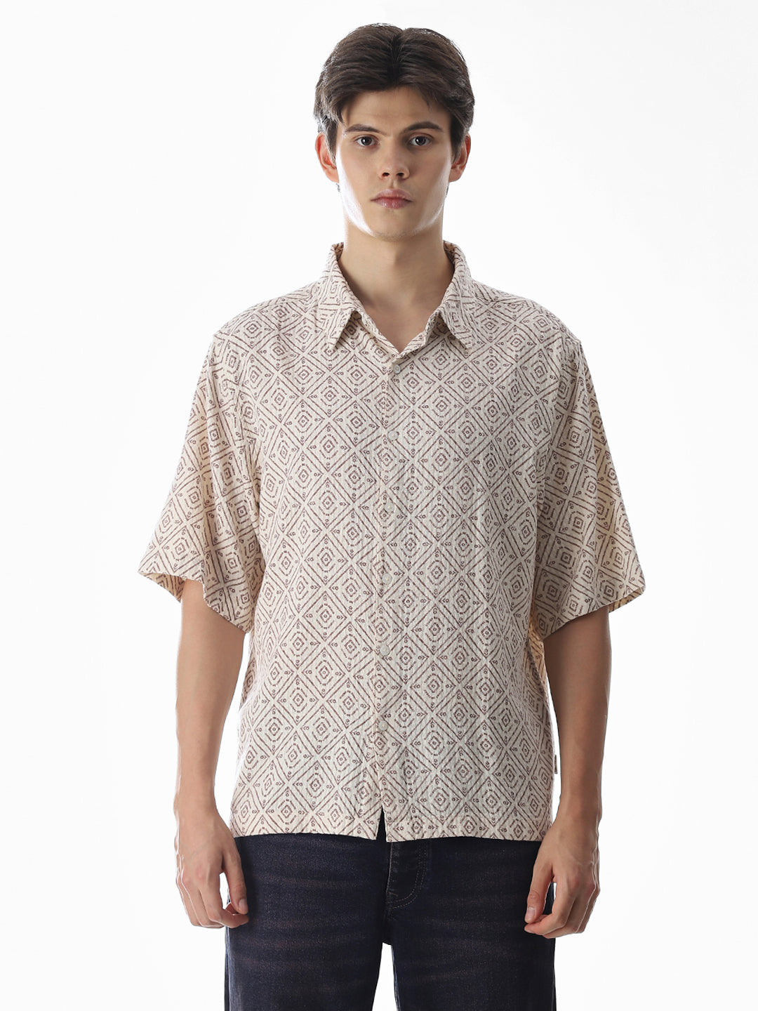 Beige Printed Cotton Oversized Shirt