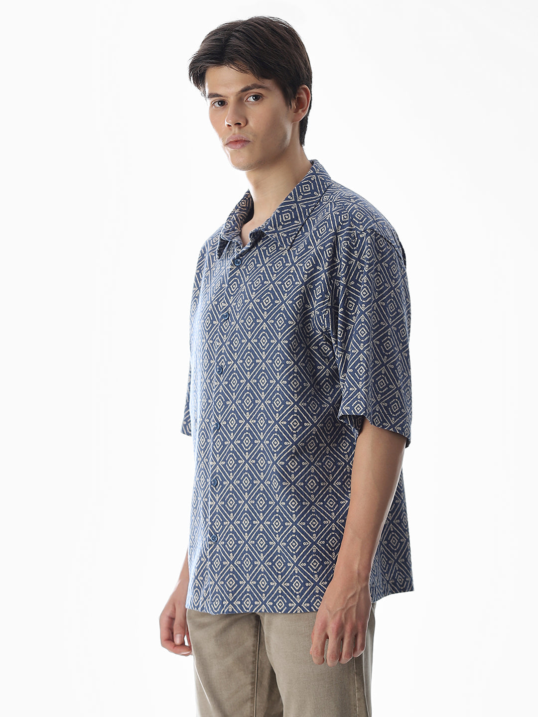 Blue Printed Cotton Short Sleeves Shirt