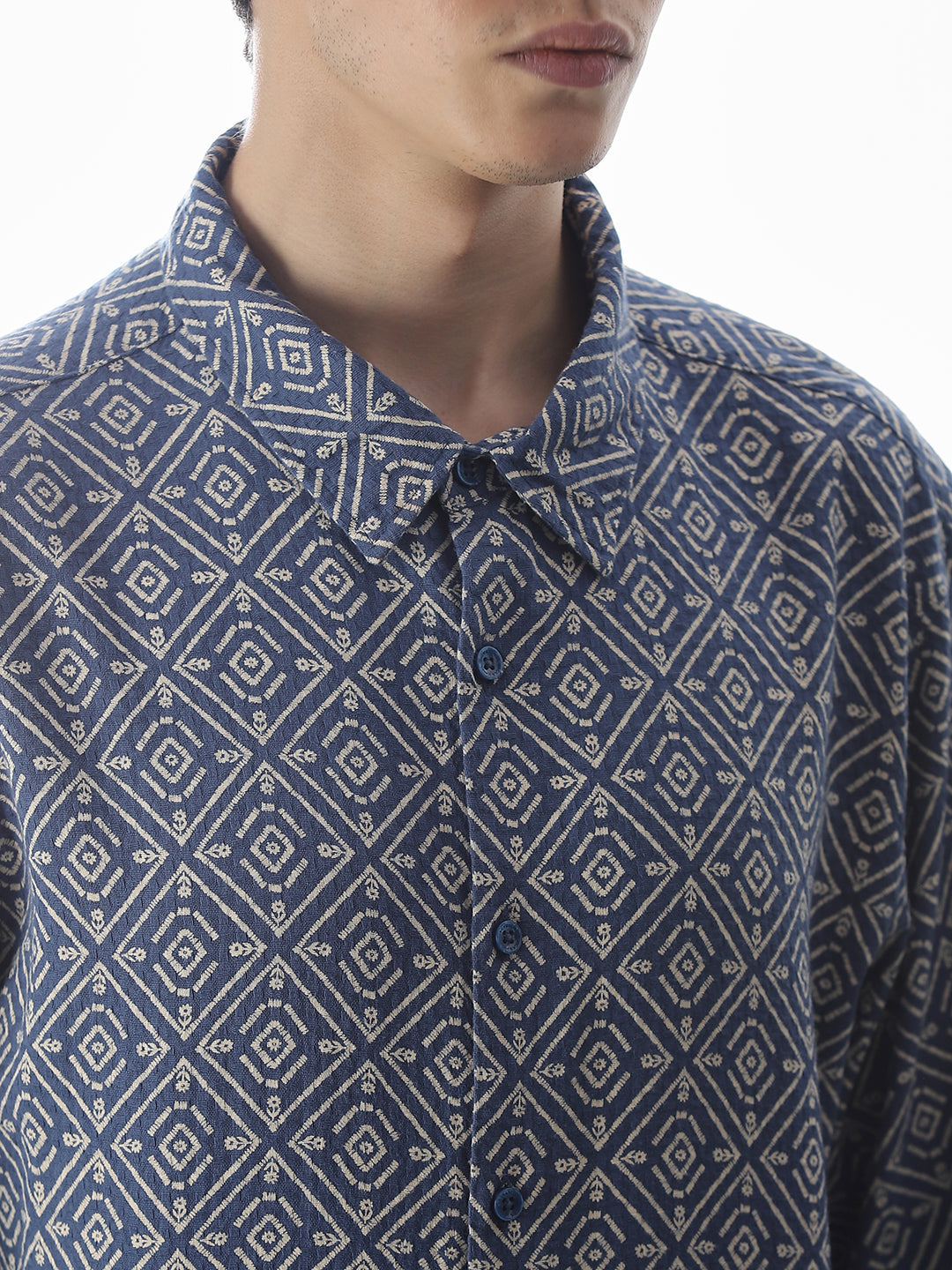Blue Printed Cotton Short Sleeves Shirt