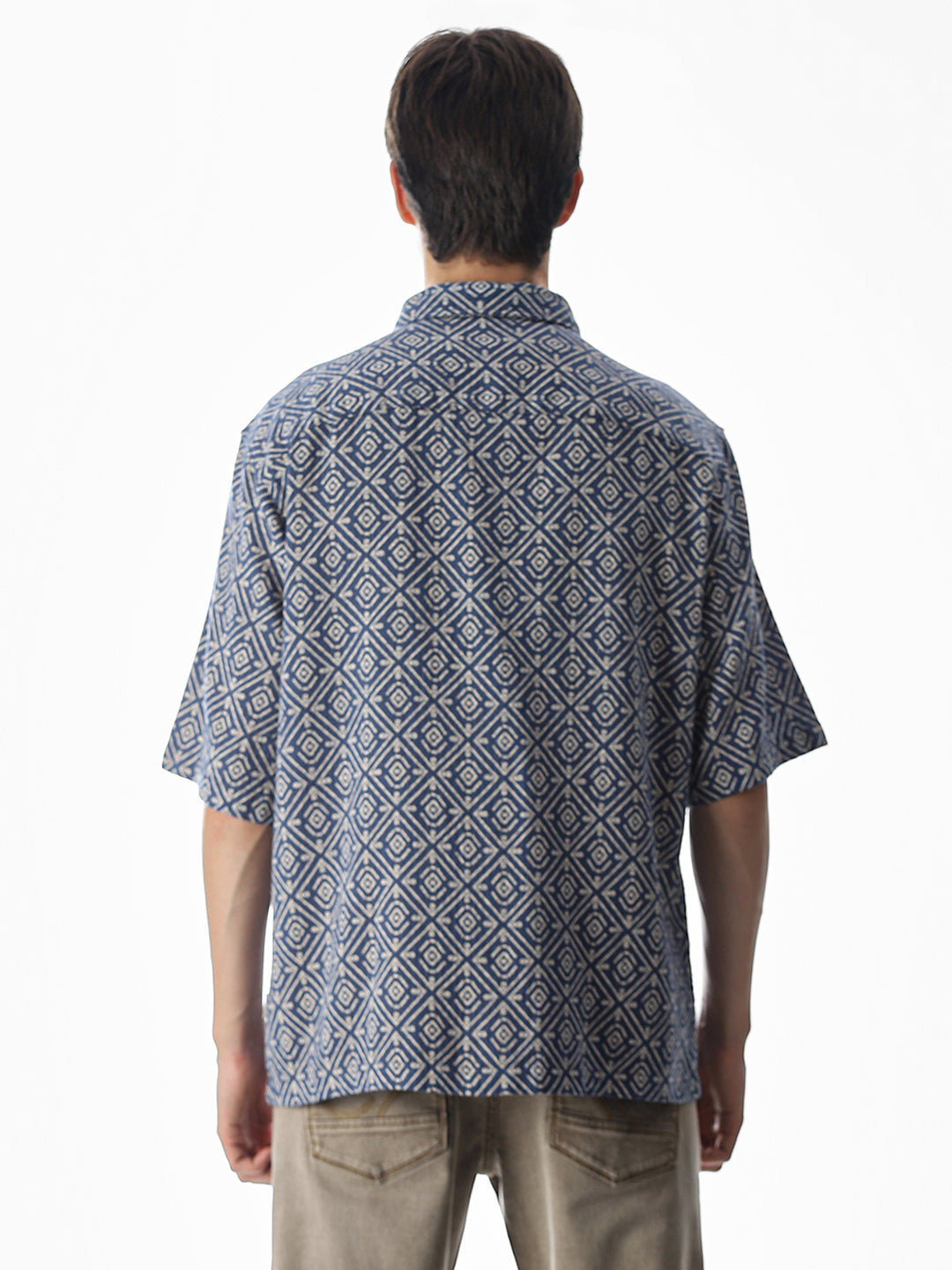 Blue Printed Cotton Short Sleeves Shirt