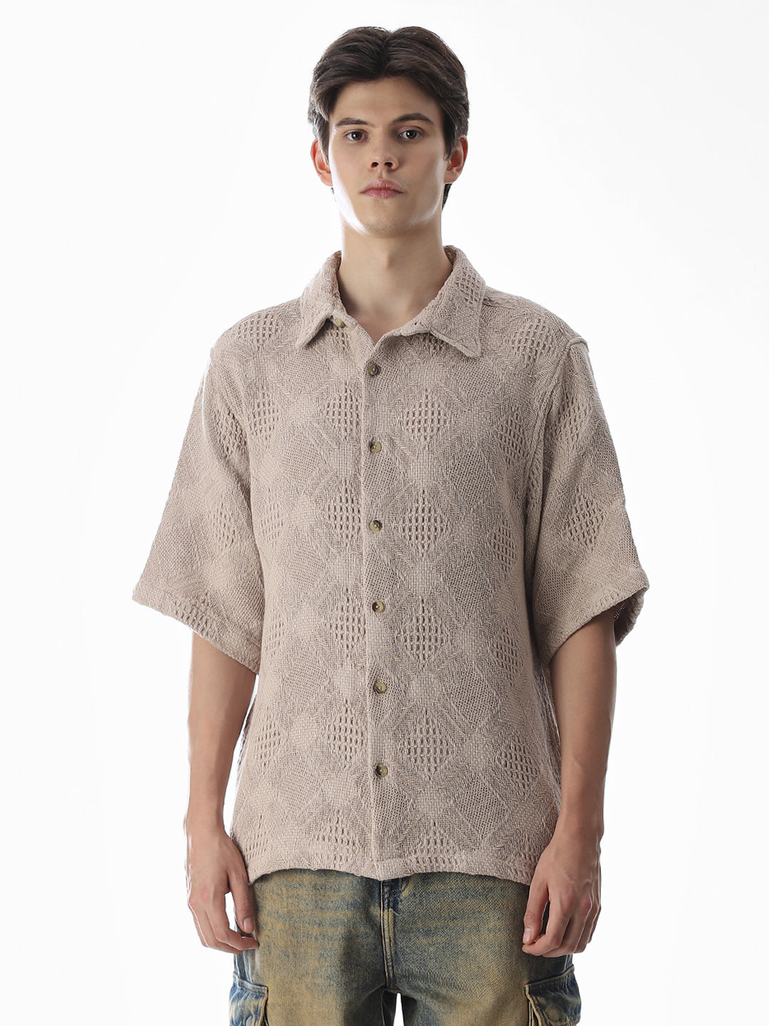 Beige Jacquard Cotton Oversized Shirt