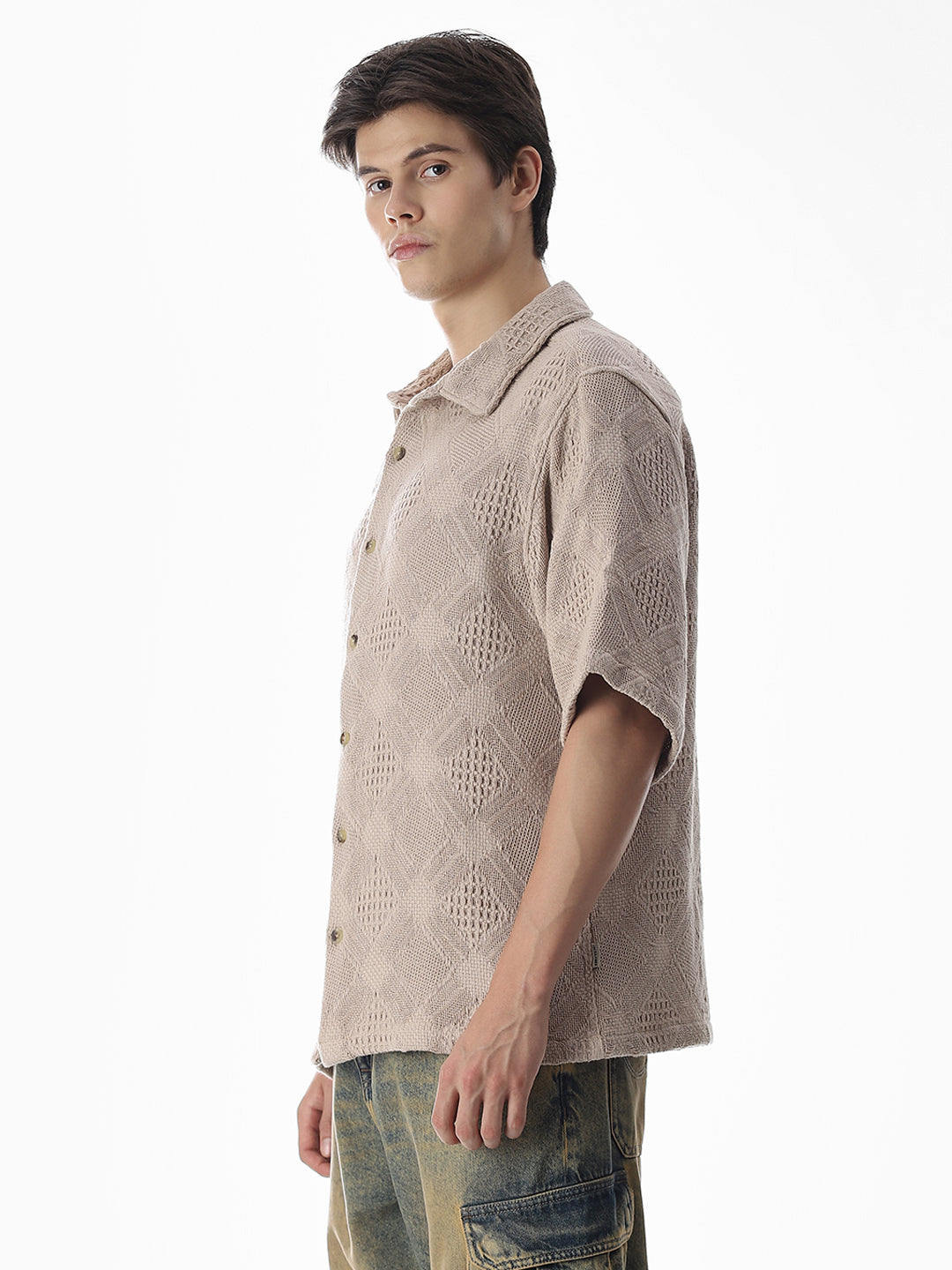 Beige Jacquard Cotton Oversized Shirt