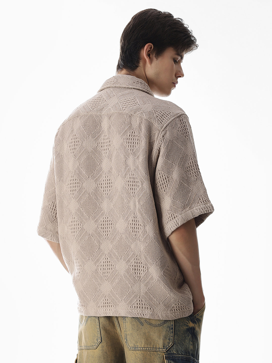 Beige Jacquard Cotton Oversized Shirt