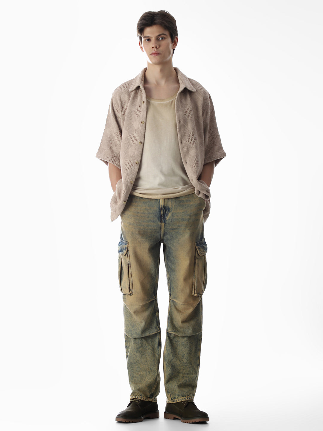 Beige Jacquard Cotton Oversized Shirt