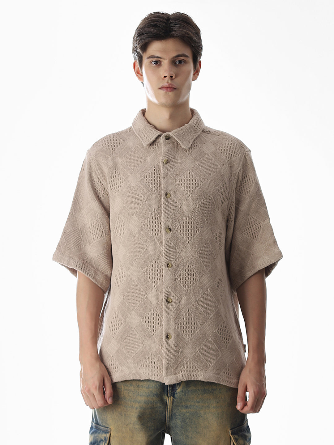 Beige Jacquard Cotton Oversized Shirt