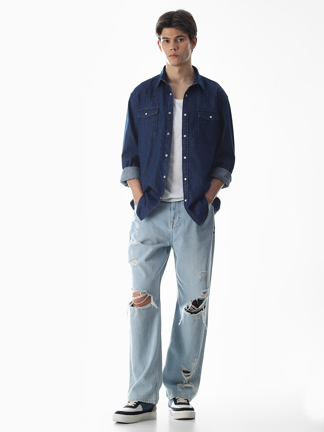 Navy Blue Cotton Full Sleeves Shirt