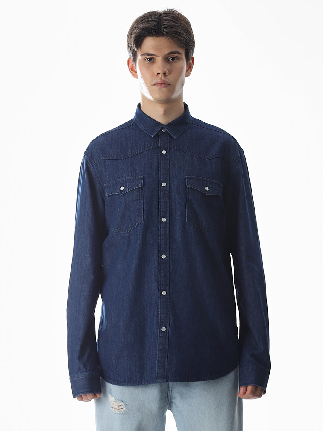Navy Blue Cotton Full Sleeves Shirt