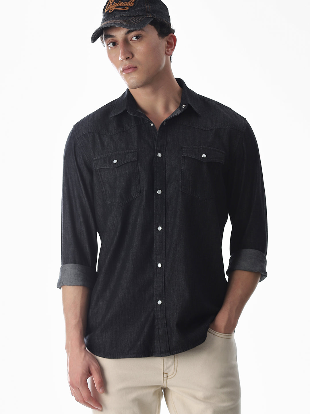 Black Cotton Denim Shirt