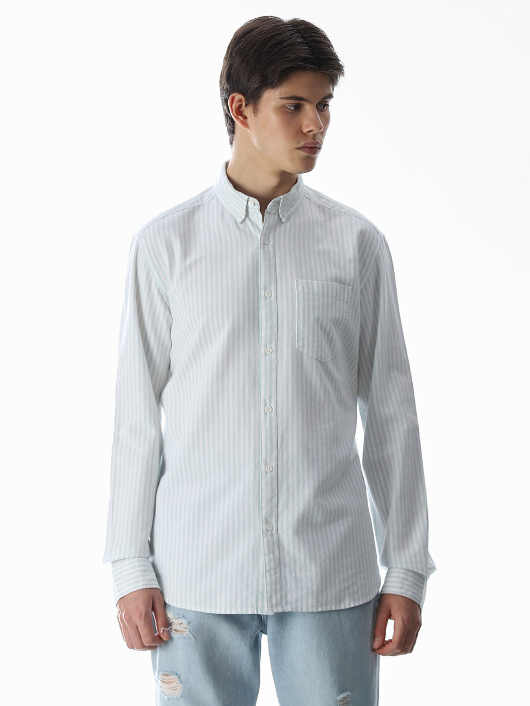 Light Green Striped Cotton Shirt