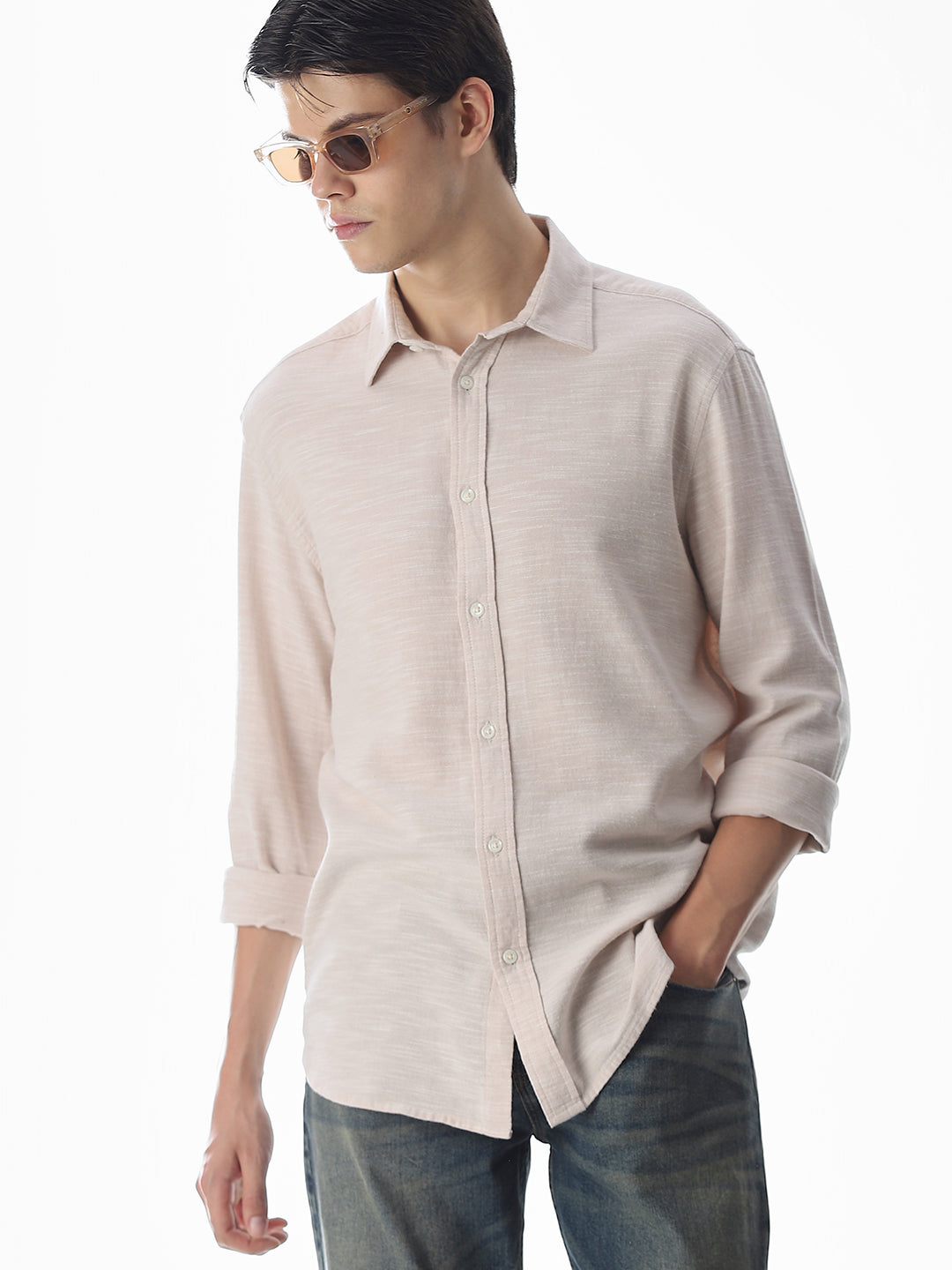 Beige Cotton Full Sleeves Shirt