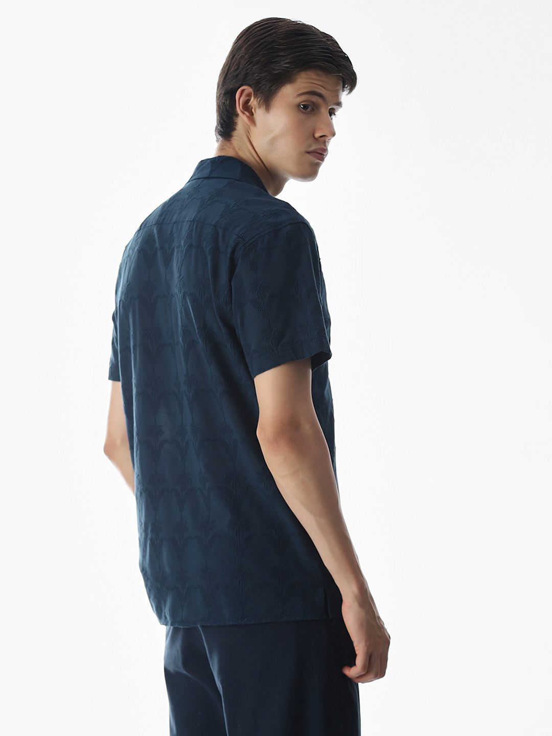 Navy Blue Embroidered Cotton Shirt