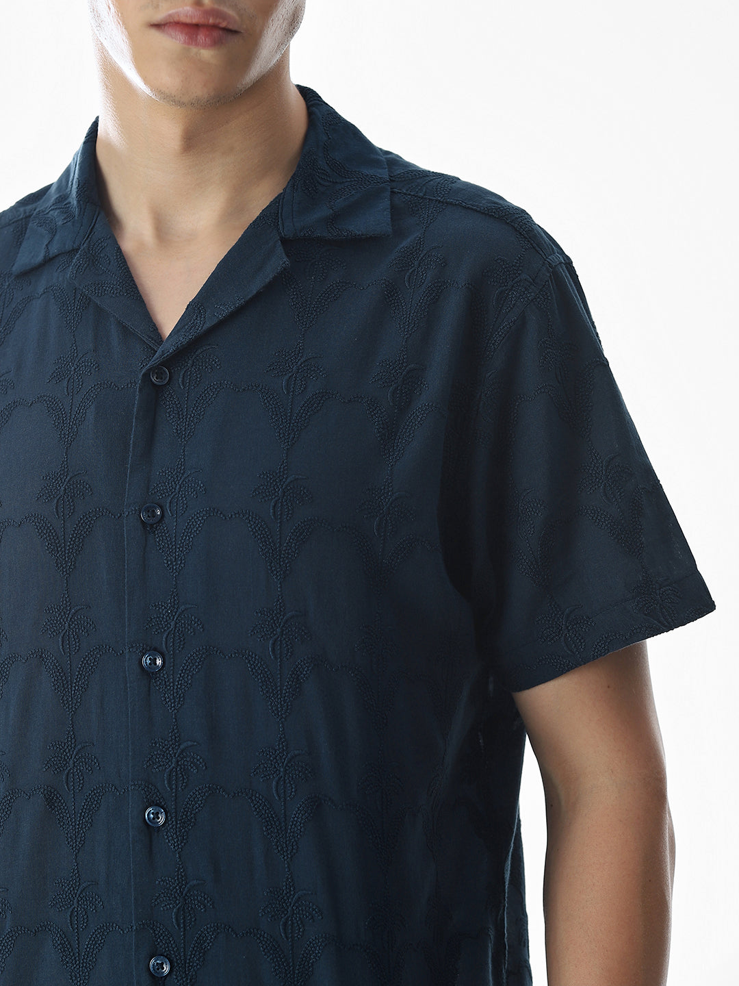 Navy Blue Embroidered Cotton Shirt