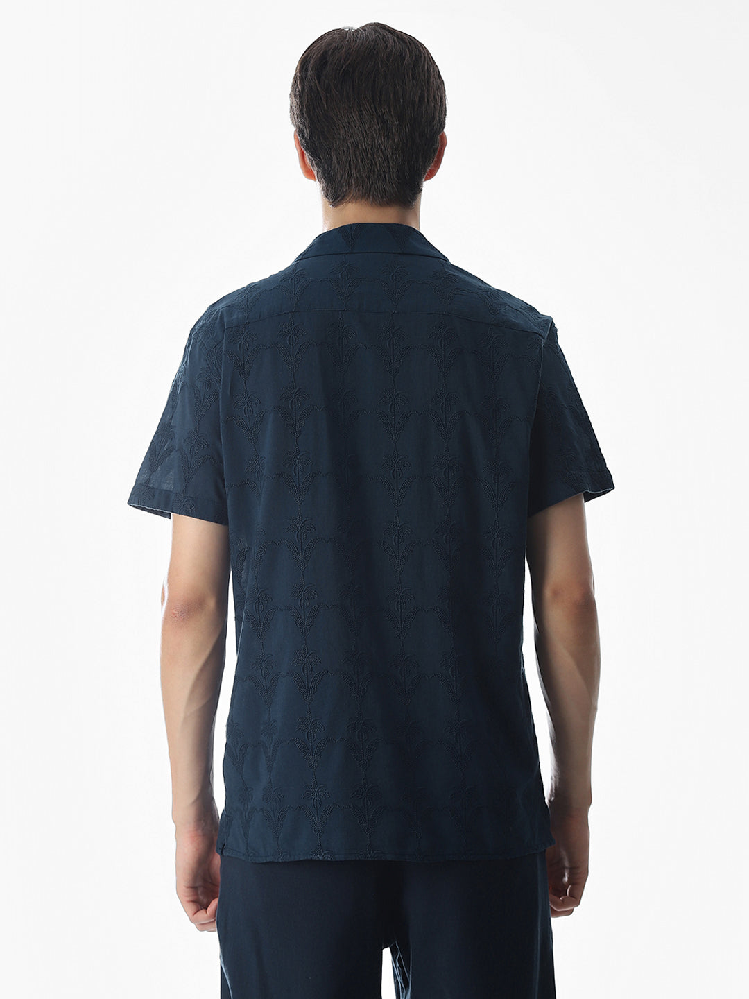Navy Blue Embroidered Cotton Shirt