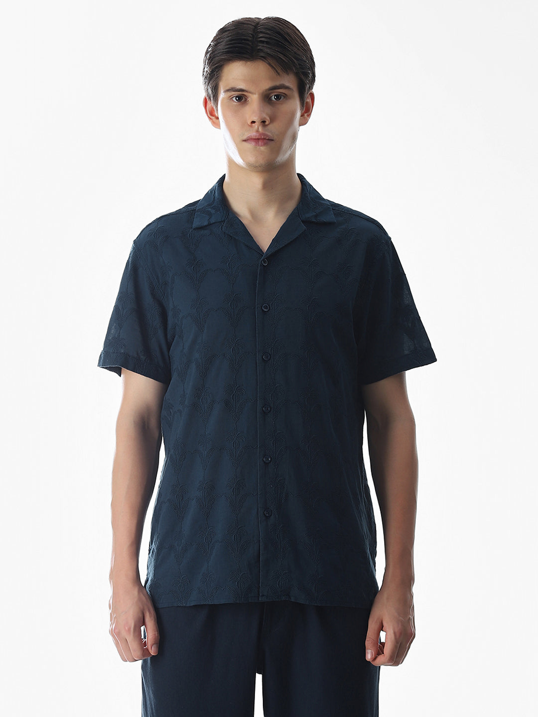 Navy Blue Embroidered Cotton Shirt