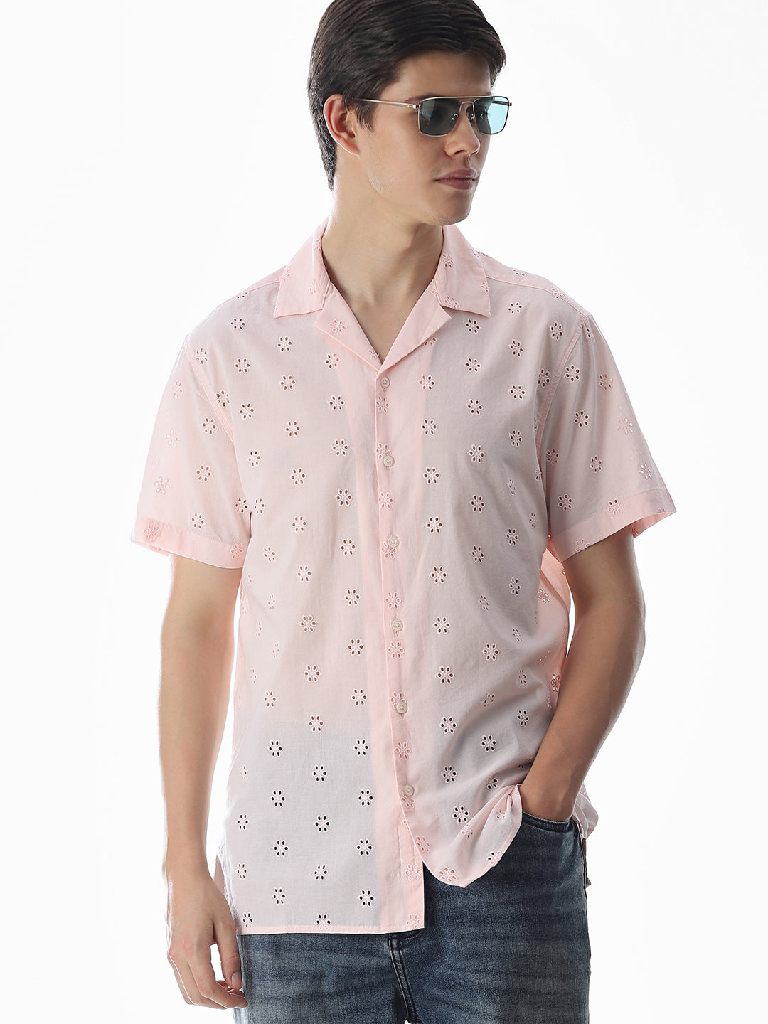 Pink Cut-Work Cotton Shirt