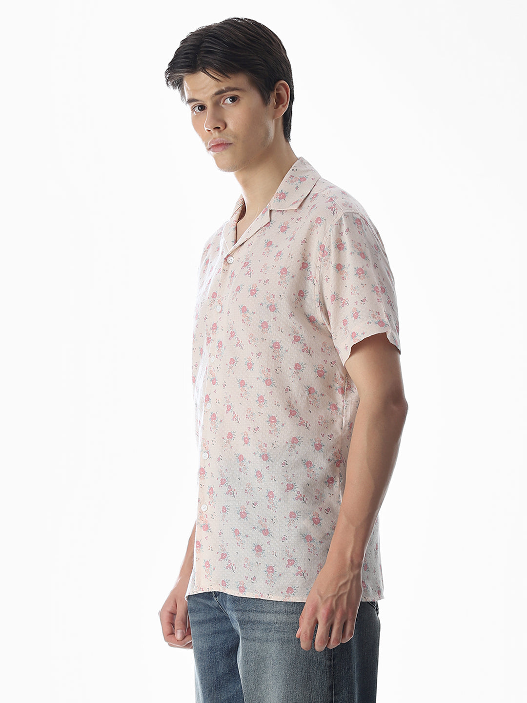 Beige Floral Print Cotton Shirt