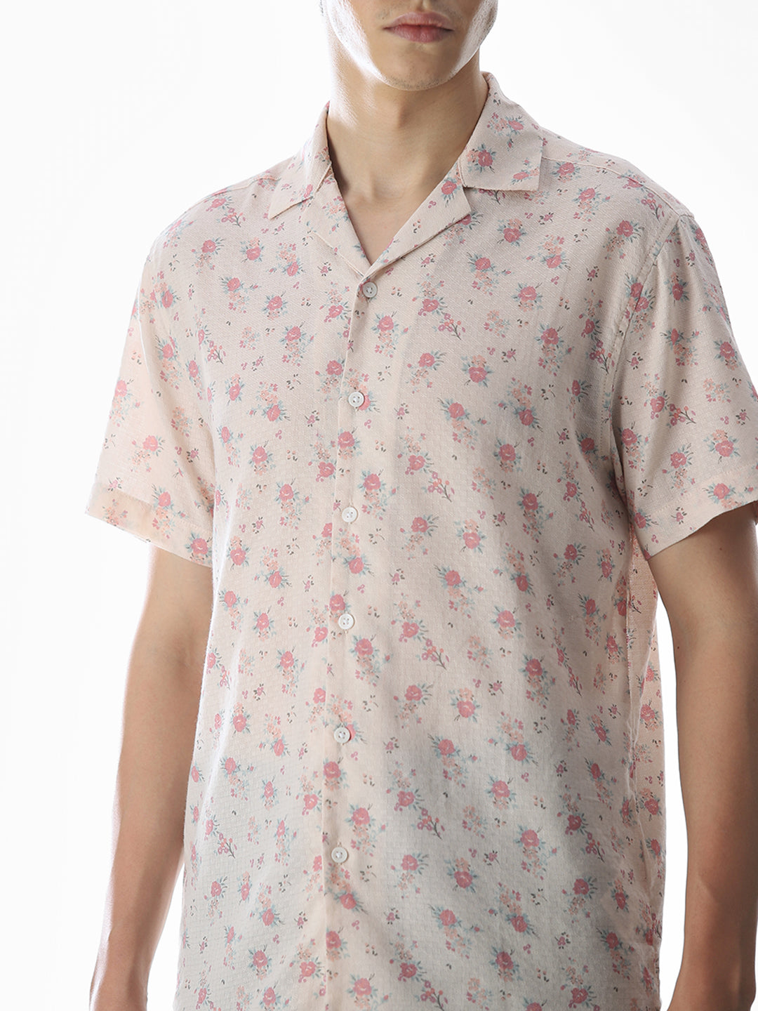 Beige Floral Print Cotton Shirt