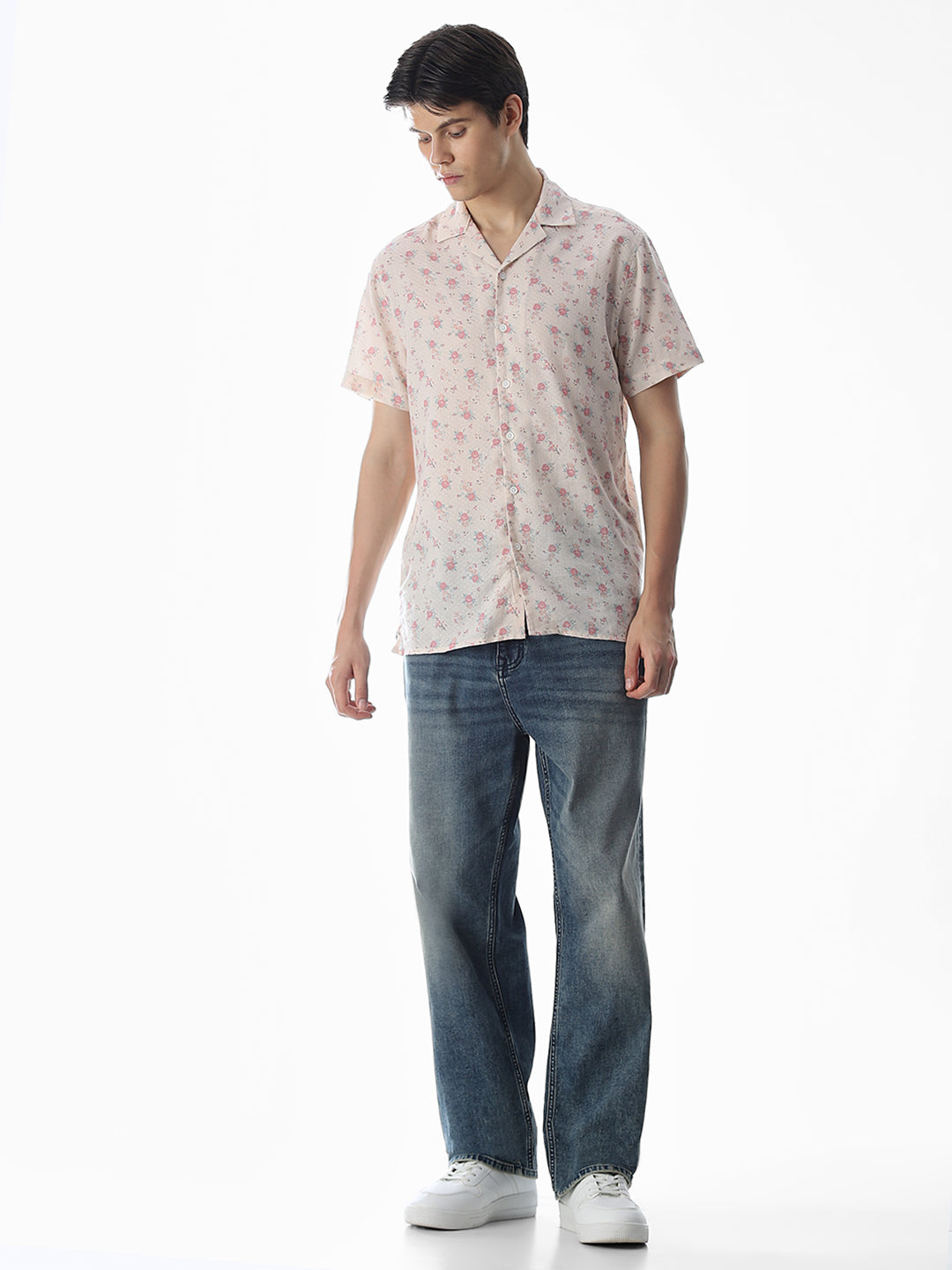 Beige Floral Print Cotton Shirt