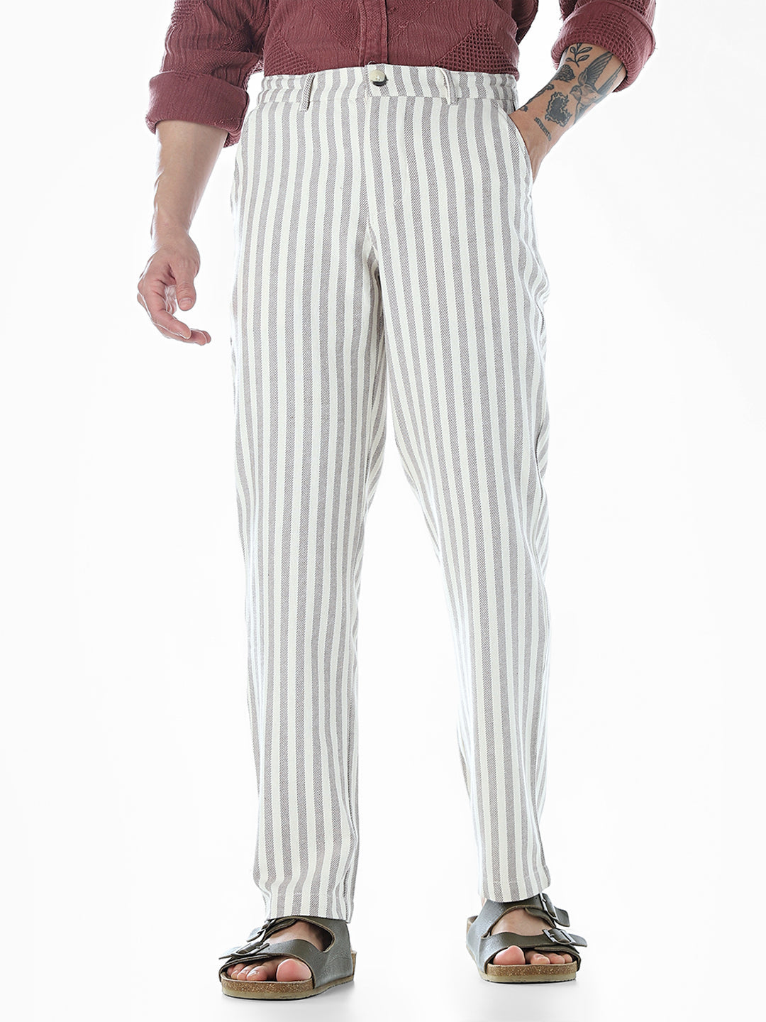 Striped Loose Fit Pants - Beige