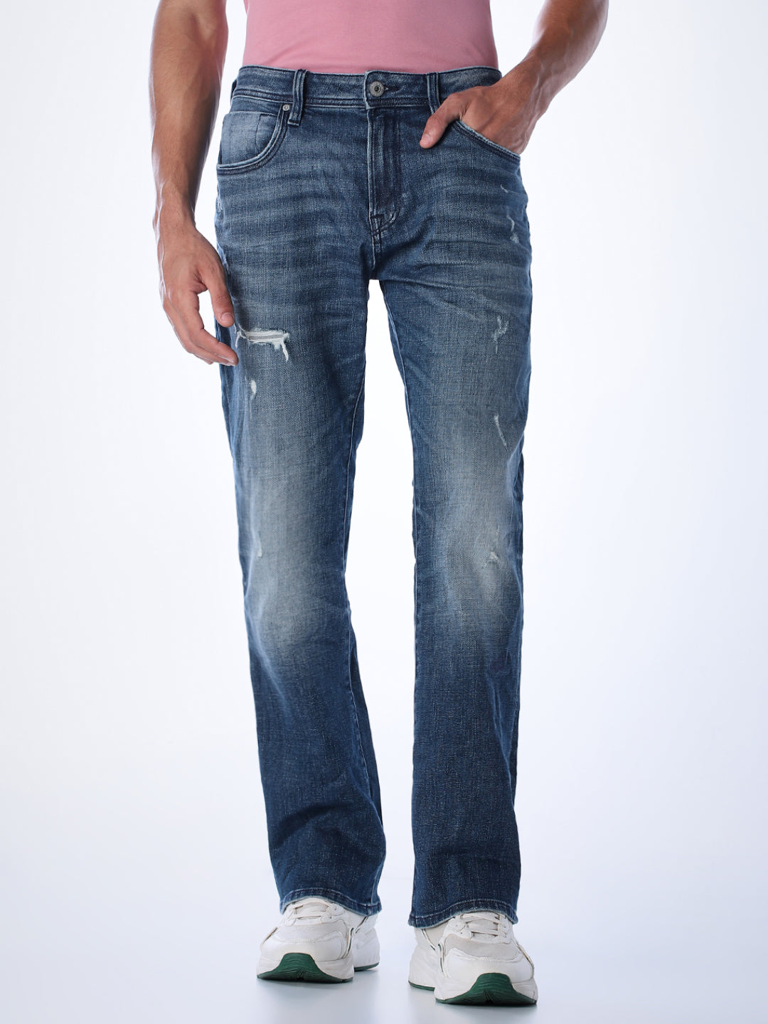 Mildly Distressed Cliff Bootcut Jeans - Blue