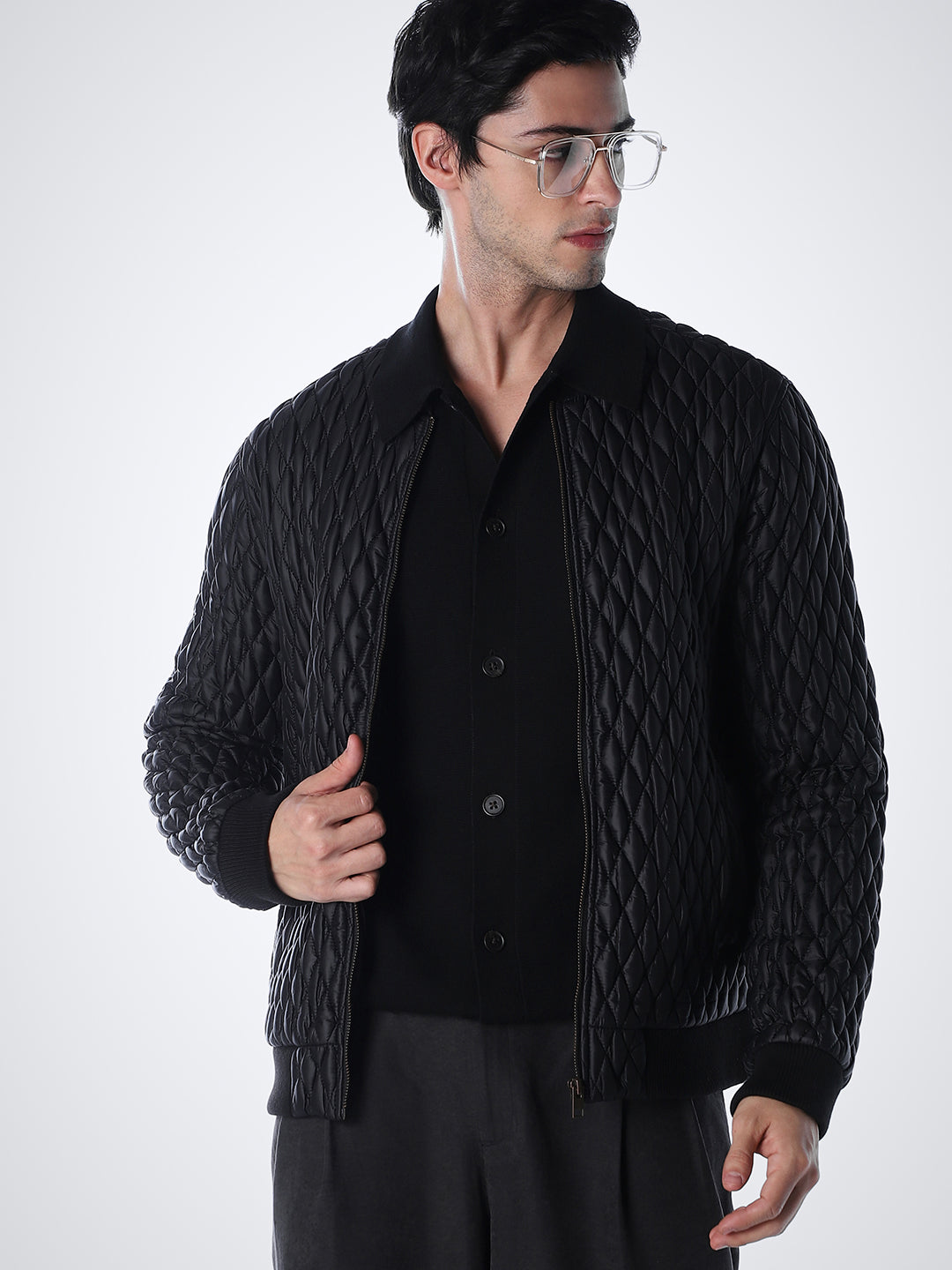 Black Quilted Nylon Bomber Jacket