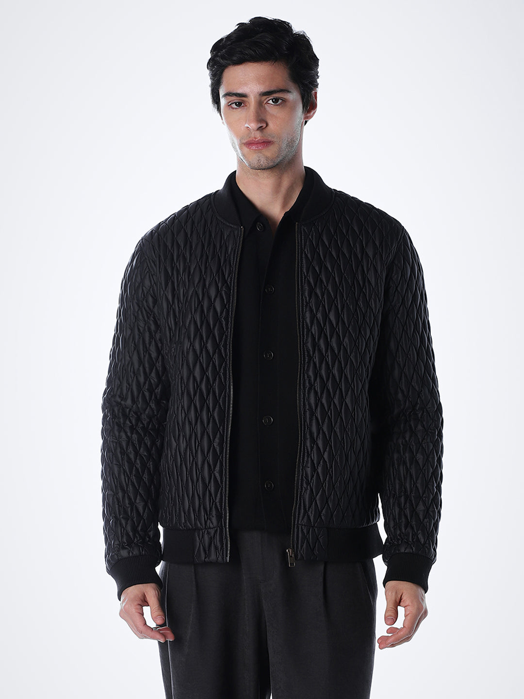 Black Quilted Nylon Bomber Jacket