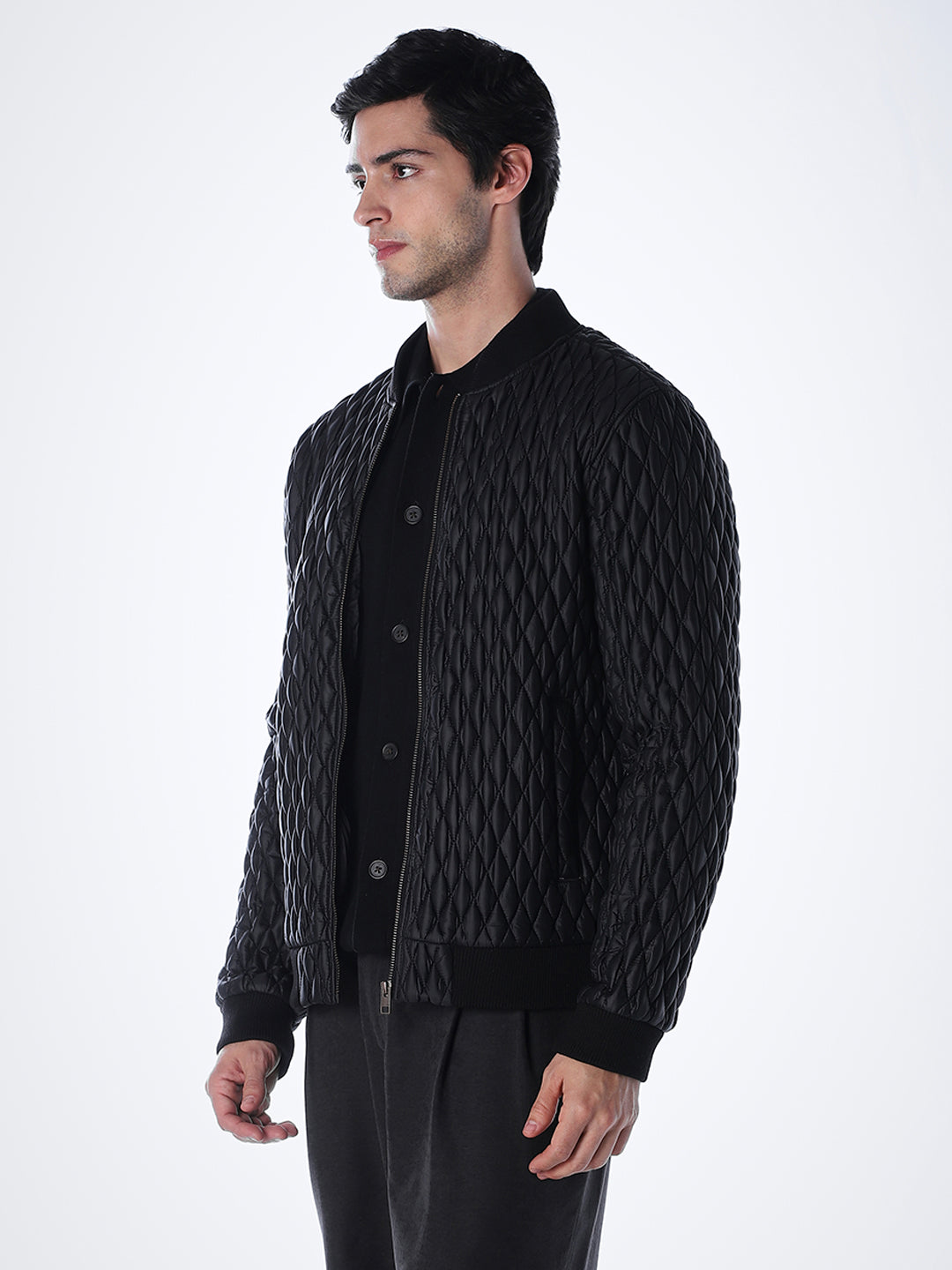 Black Quilted Nylon Bomber Jacket