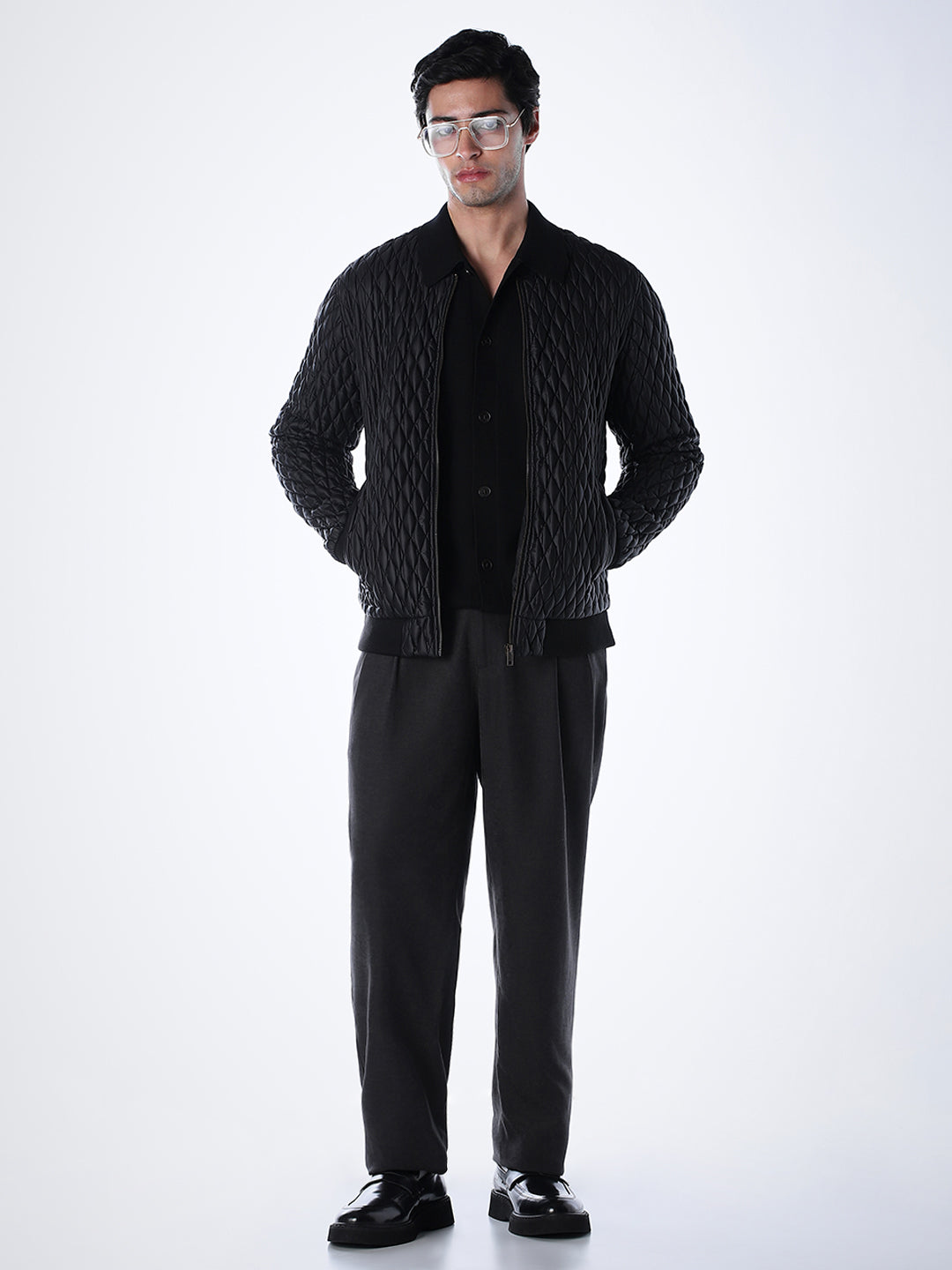 Black Quilted Nylon Bomber Jacket