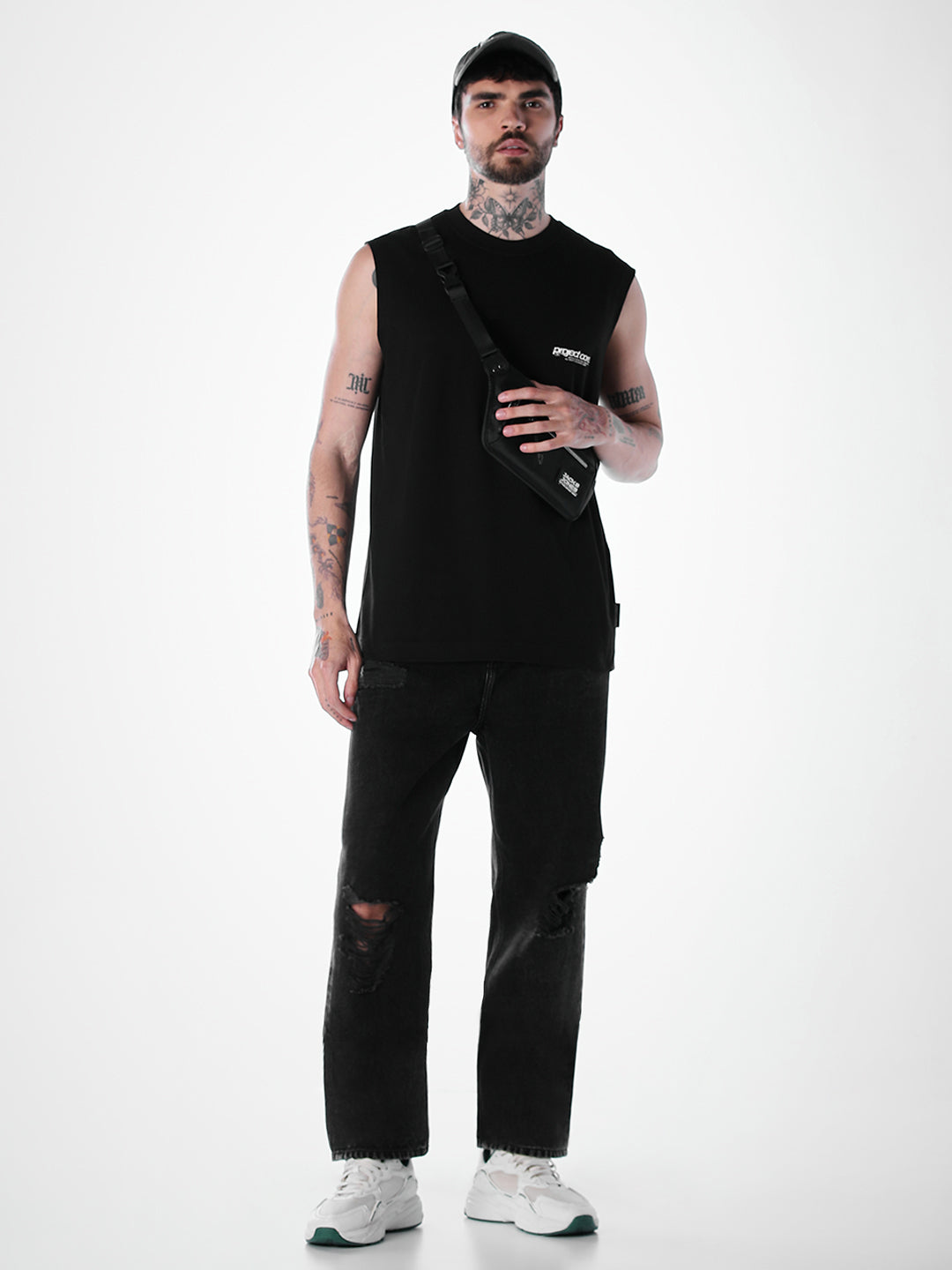 Printed Crew Neck Tank - Black
