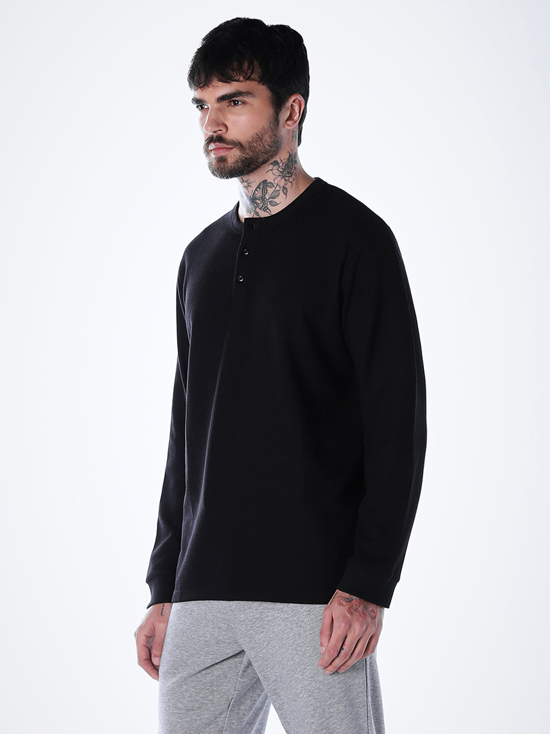 Henley Full Sleeves T-shirt - Black