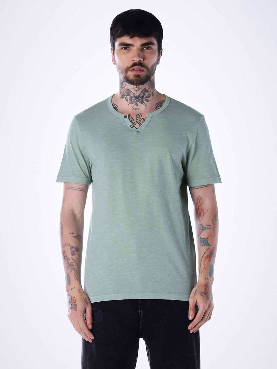 Split Neck Cotton T-shirt - Green