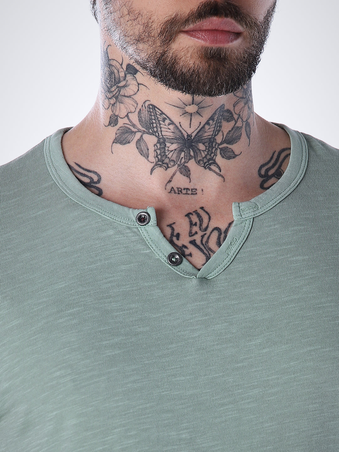 Split Neck Cotton T-shirt - Green