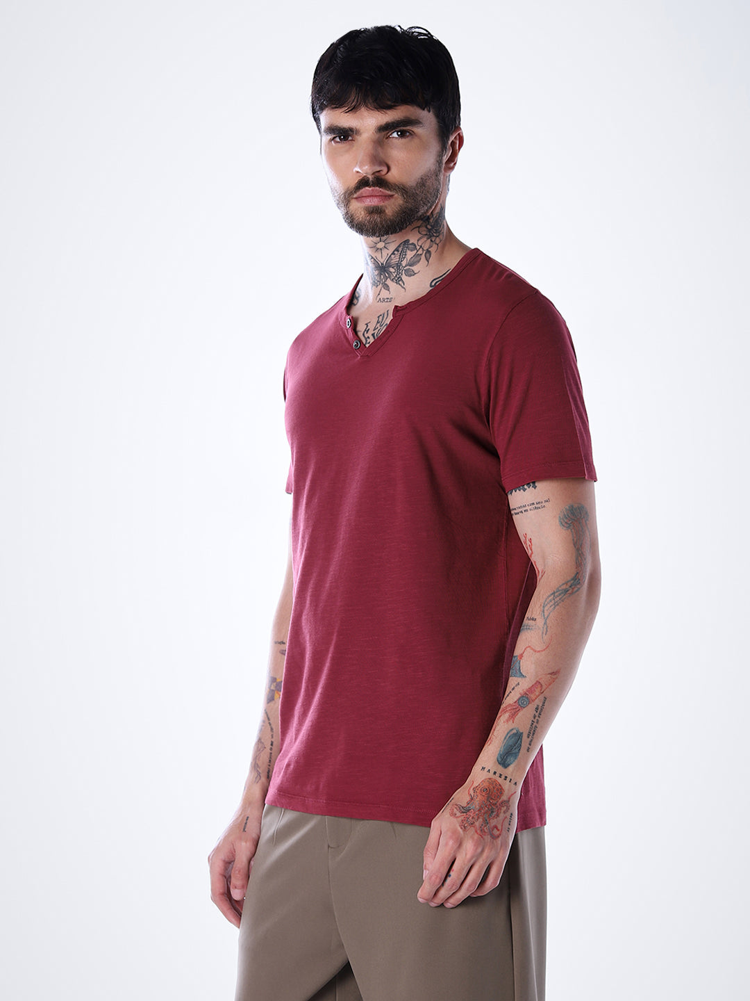 Split Neck Cotton T-shirt - Red